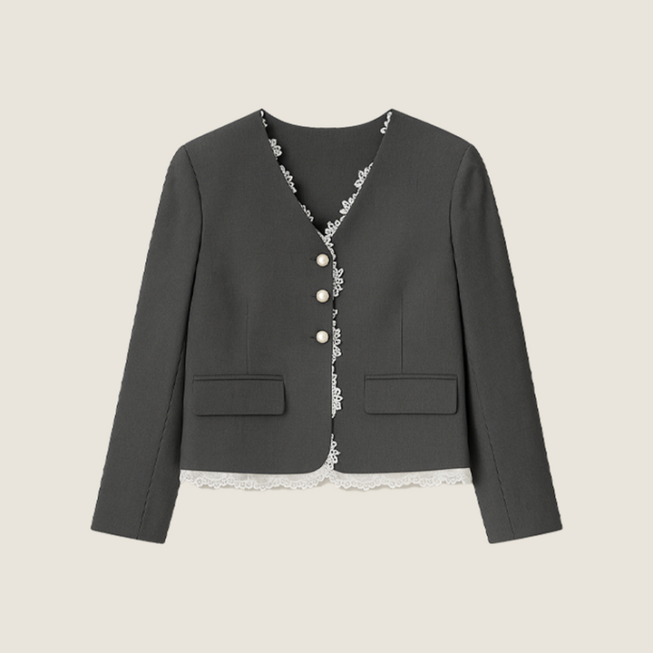 Women's Pearl Button V-Neck Cropped Blazer with Lace Trim A10257