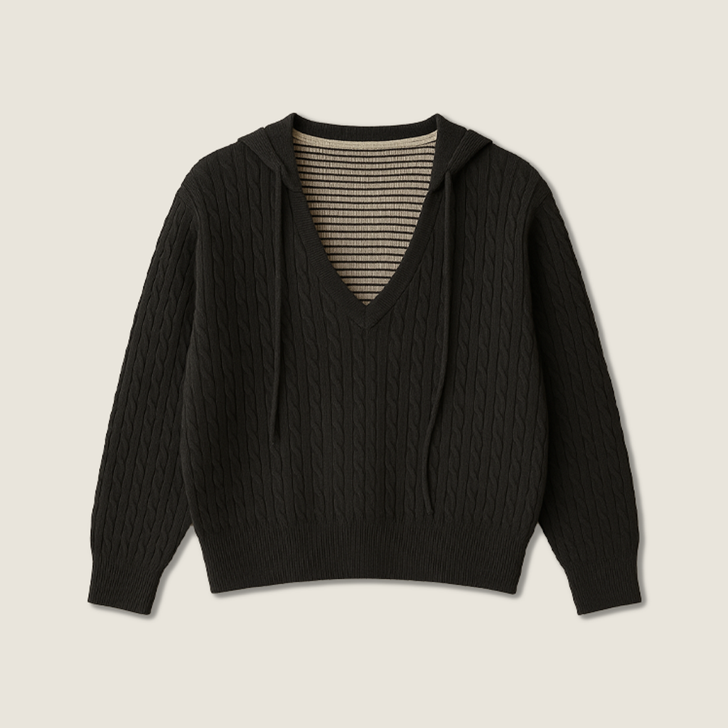 Women's Hooded Cable Knit Fake Two-Piece Striped Inner Layer Pullover A10212