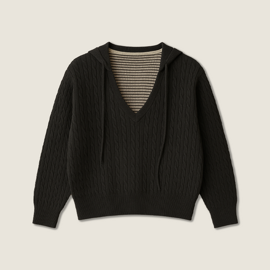 Women's Hooded Cable Knit Fake Two-Piece Striped Inner Layer Pullover A10212