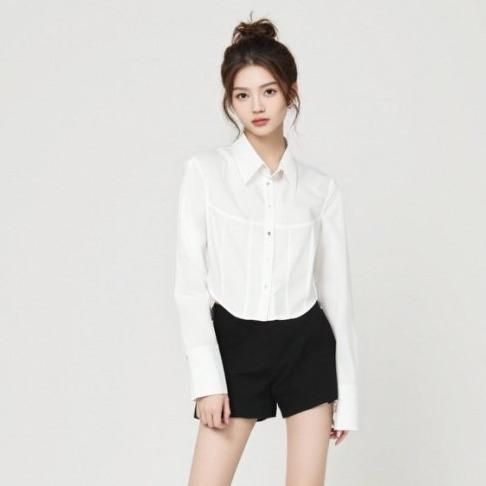 [M31N] White long-sleeved shirt with petals, simple and elegant for women 10011 workwear