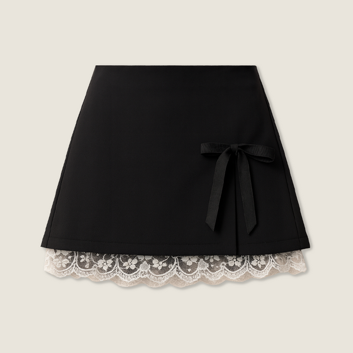 Women's Lace Trim Bow Detail High Waist A Line Bodycon Skirt A10145