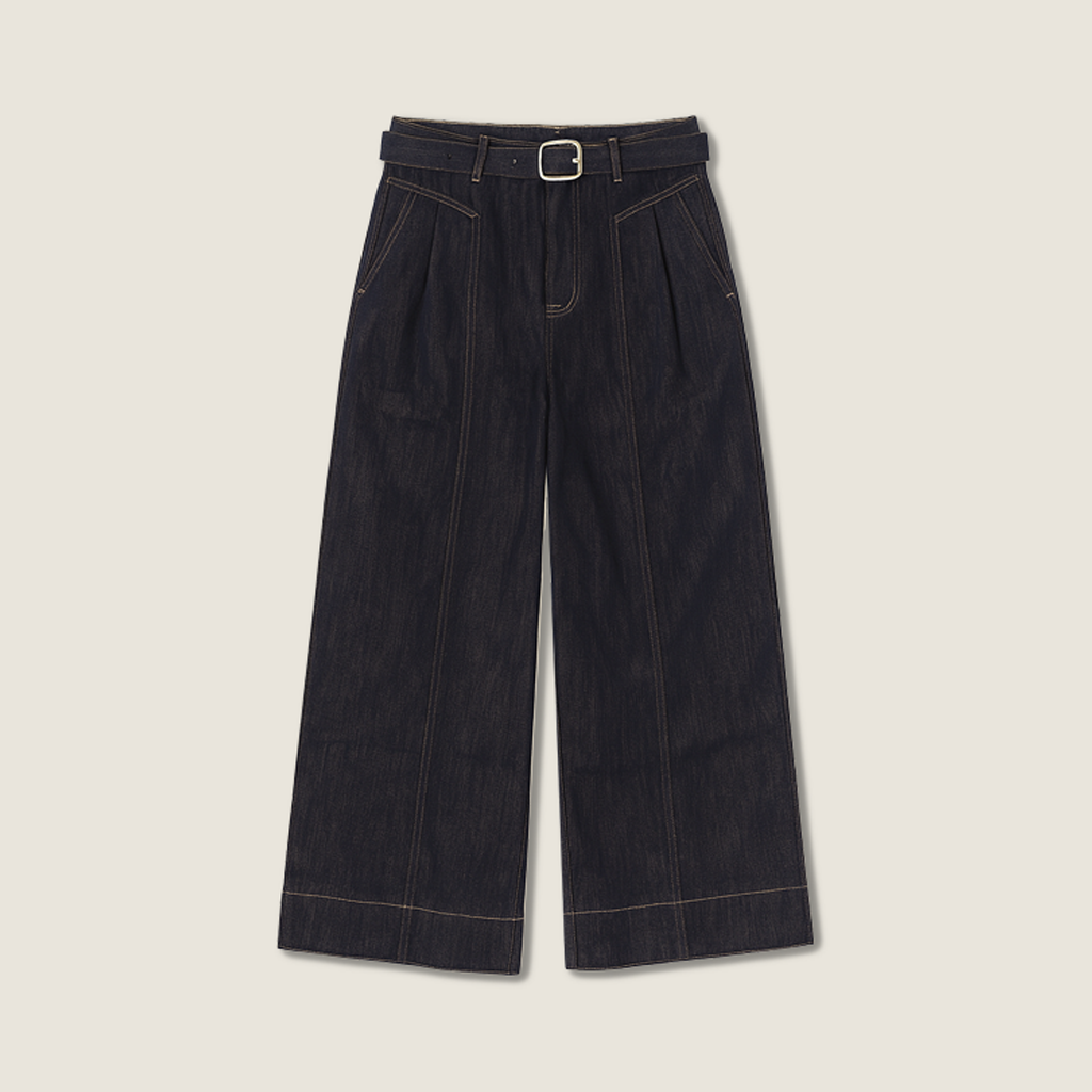Women's Denim High Waisted Wide-Leg Pants with Belt A10290
