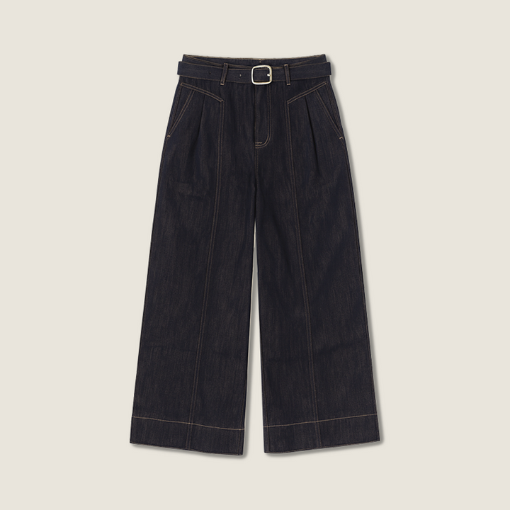 Women's Denim High Waisted Wide-Leg Pants with Belt A10290