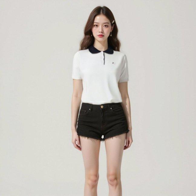 [M31N] Polo shirt, soft fabric, dark gray and white, soft fabric, cute, for women 10049