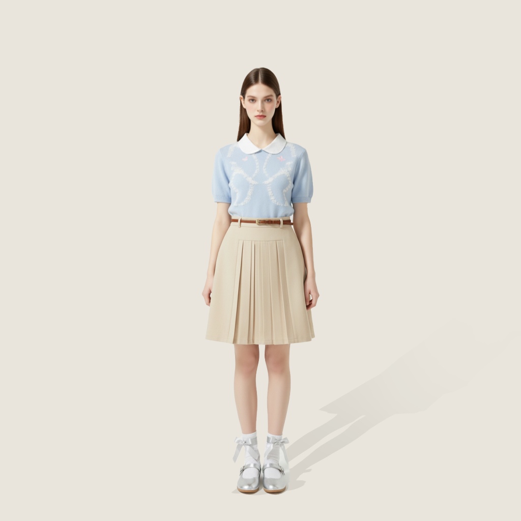 Embroidered Ribbon Knit with Camel Pleated Wool Skirt A93110