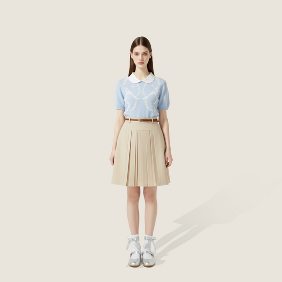 Embroidered Ribbon Knit with Camel Pleated Wool Skirt A93110
