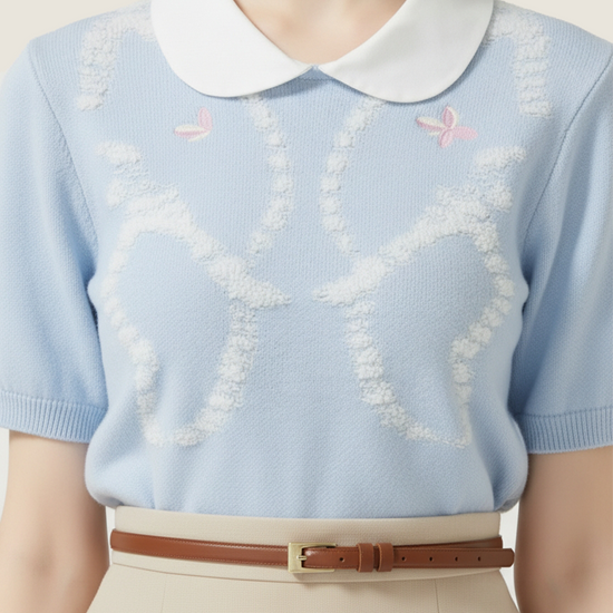 Embroidered Ribbon Knit with Camel Pleated Wool Skirt A93110