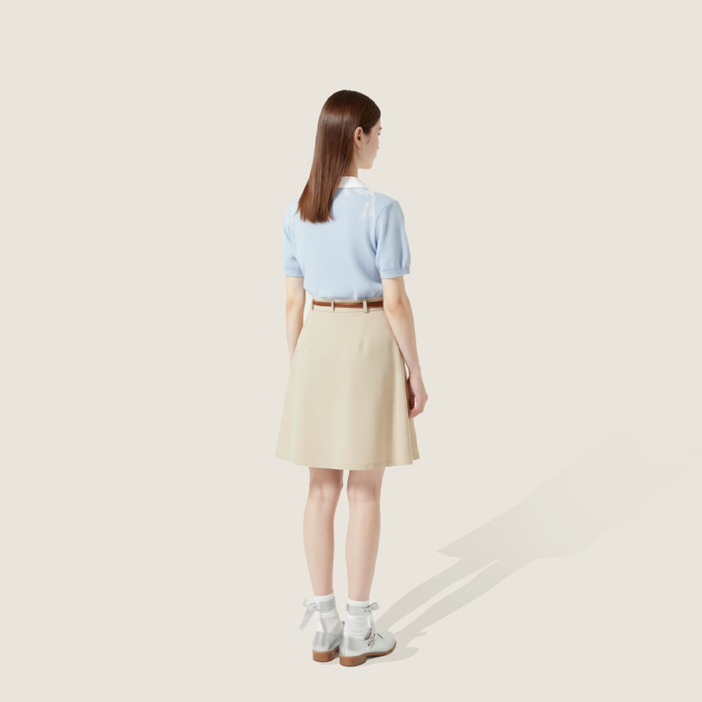 Embroidered Ribbon Knit with Camel Pleated Wool Skirt A93110