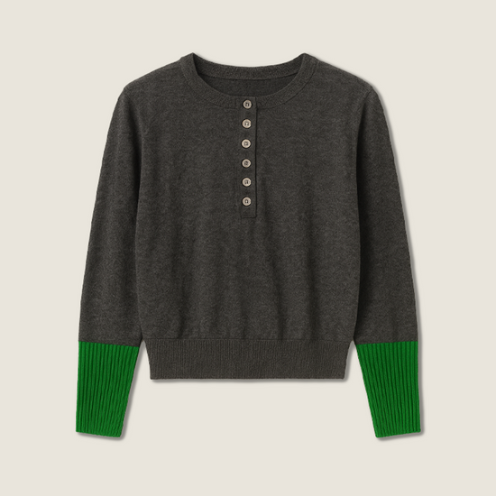 Women's Plain Henley Sweater with Color Contrast Cuffs A10213
