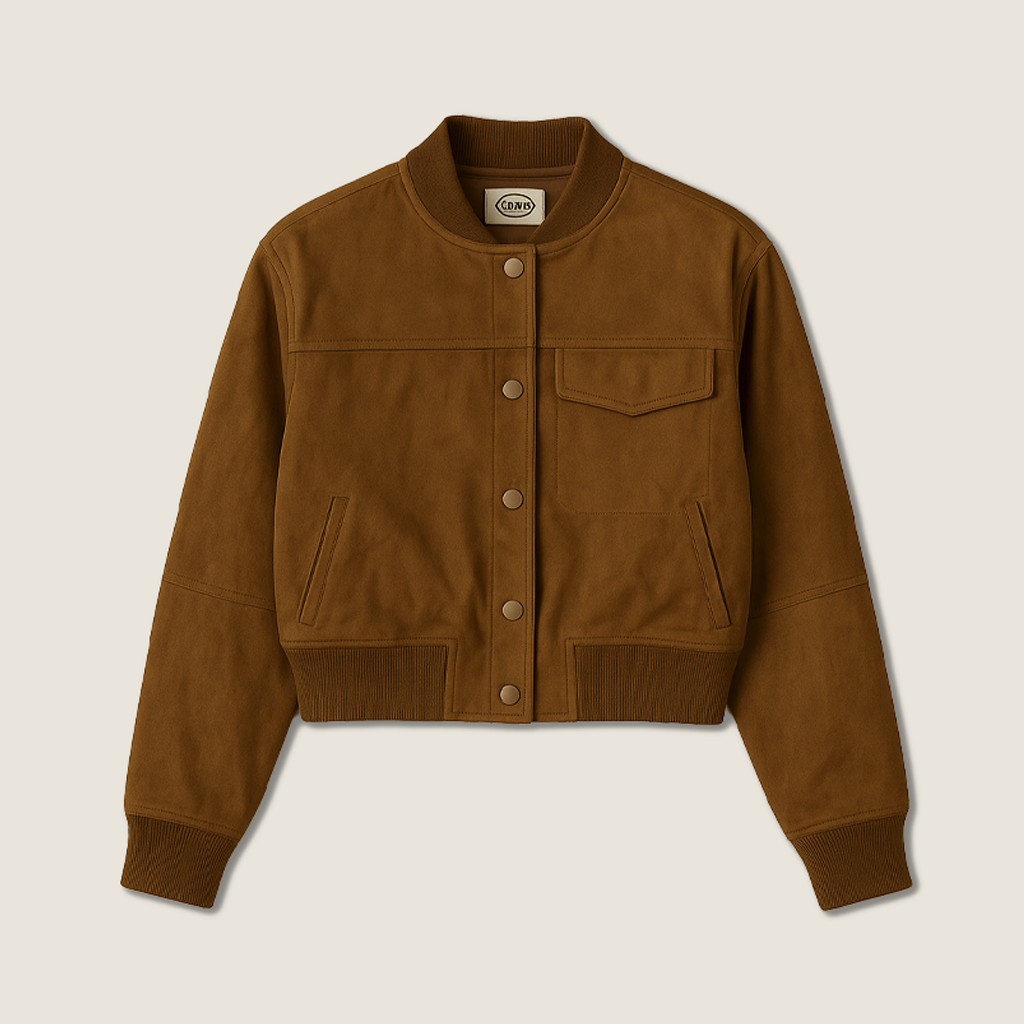 Women's Suede Cropped Bomber Jacket-Trendy Button-Up Casual Outerwear A10206