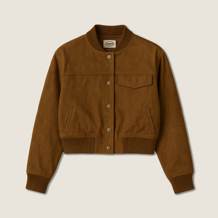 Women's Suede Cropped Bomber Jacket-Trendy Button-Up Casual Outerwear A10206