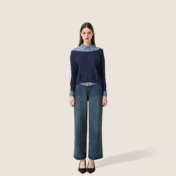 Women's Layered Off-Shoulder Sweatshirt with Plaid Shirt Detail A10238
