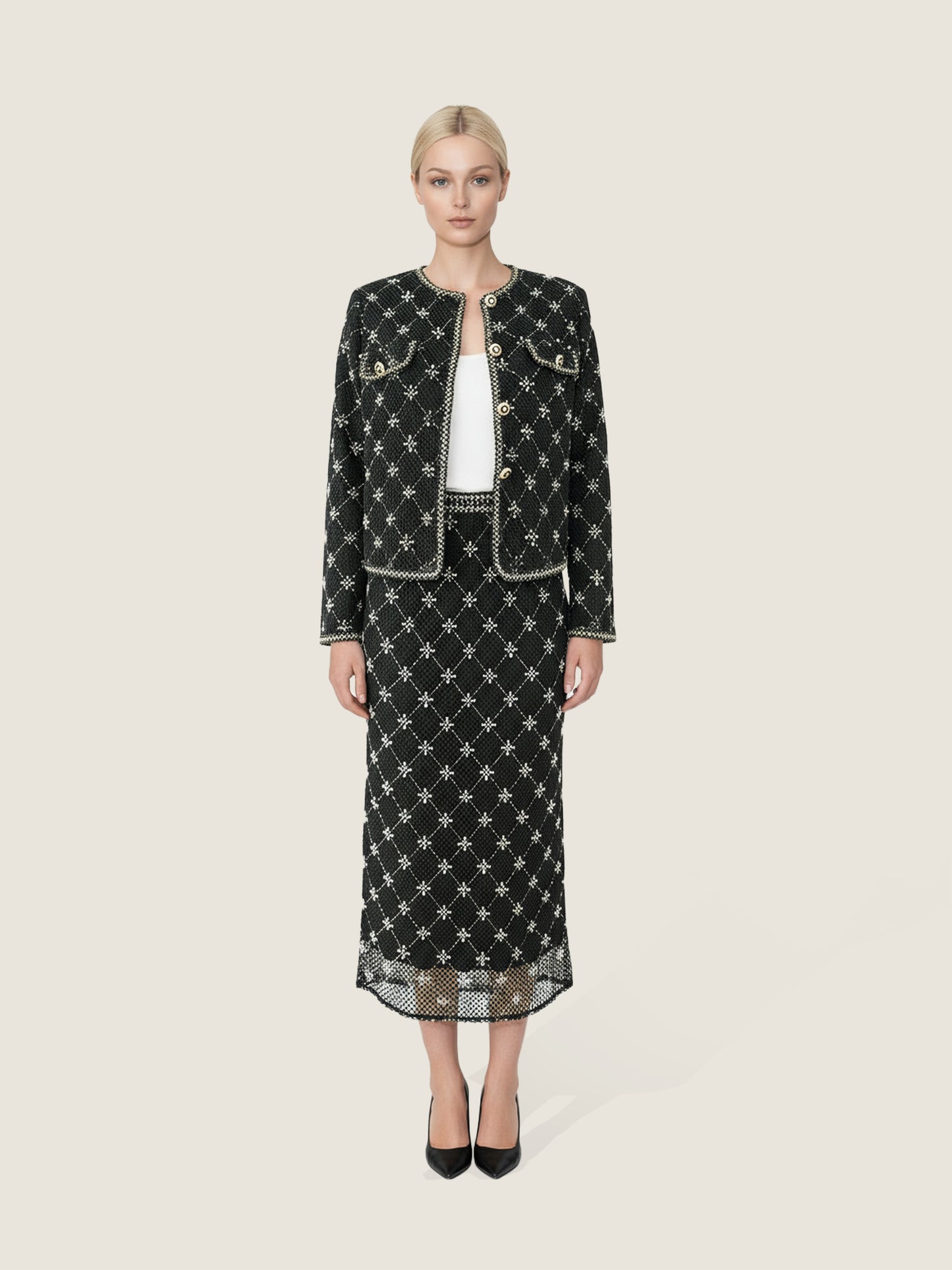 Embroidered Tweed Jacket and Matching Midi Skirt M31N