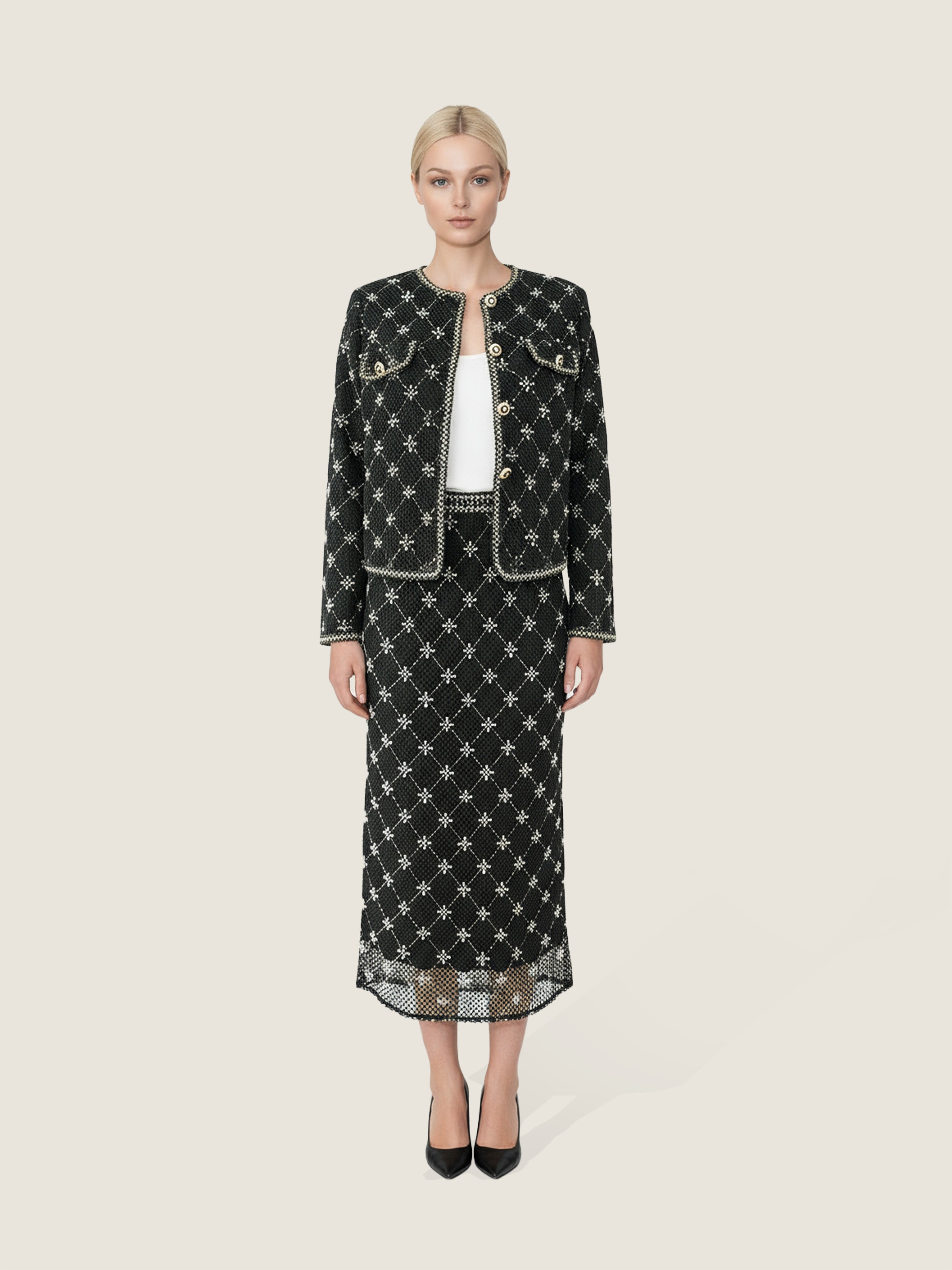 Embroidered Tweed Jacket and Matching Midi Skirt M31N