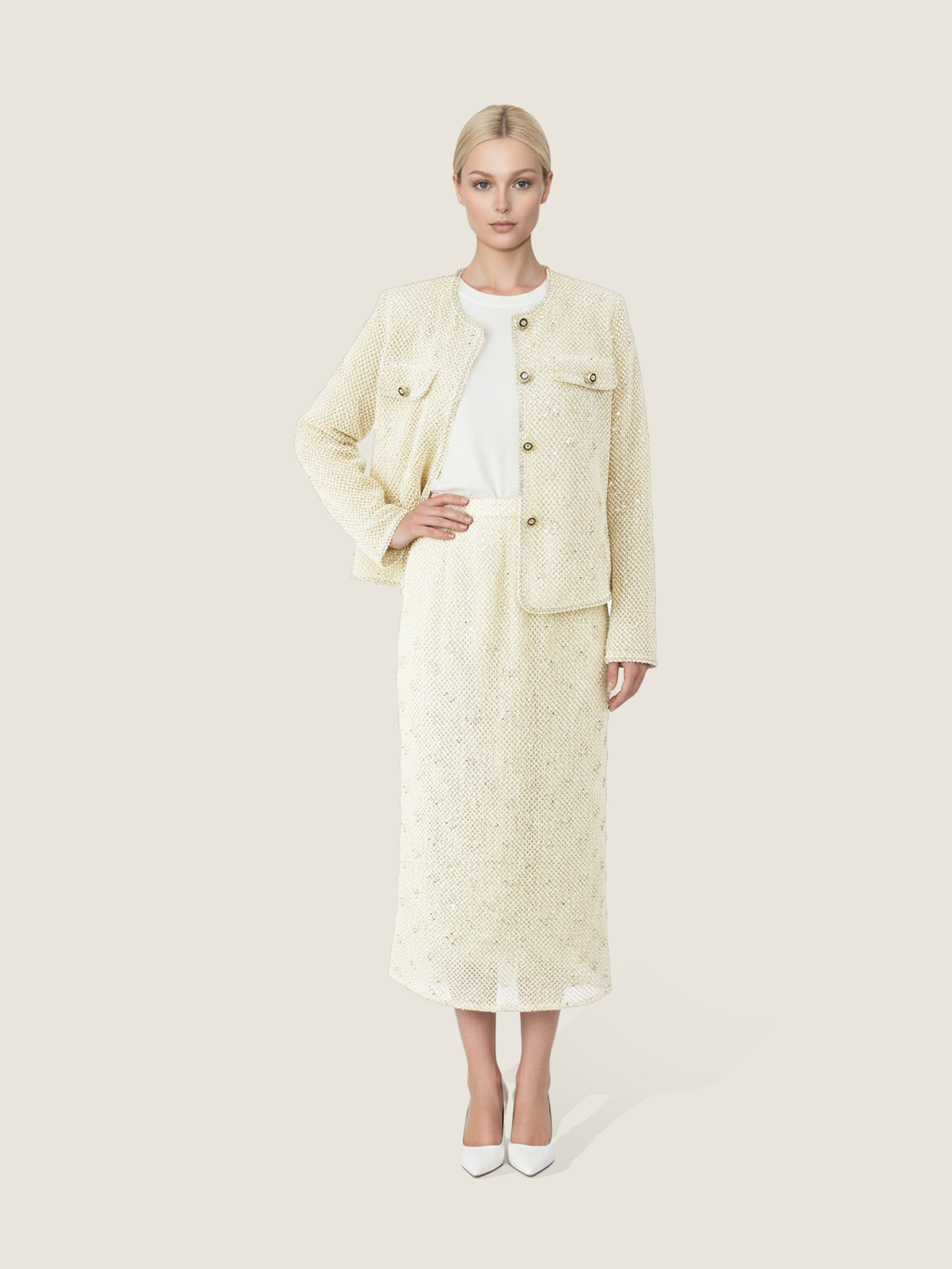 Embroidered Tweed Jacket and Matching Midi Skirt M31N