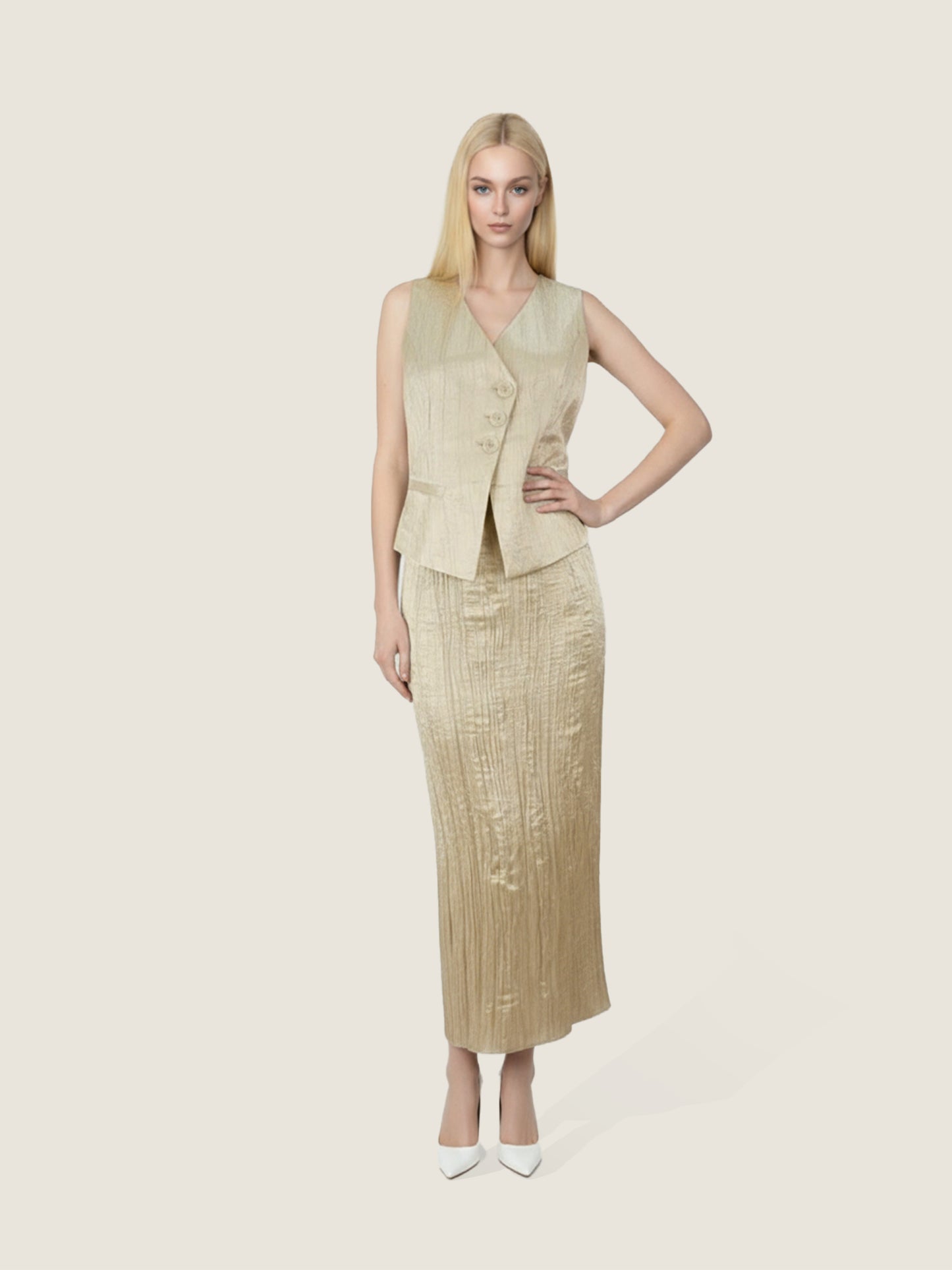 Plissé Gold Vest and Maxi Skirt Set M31N