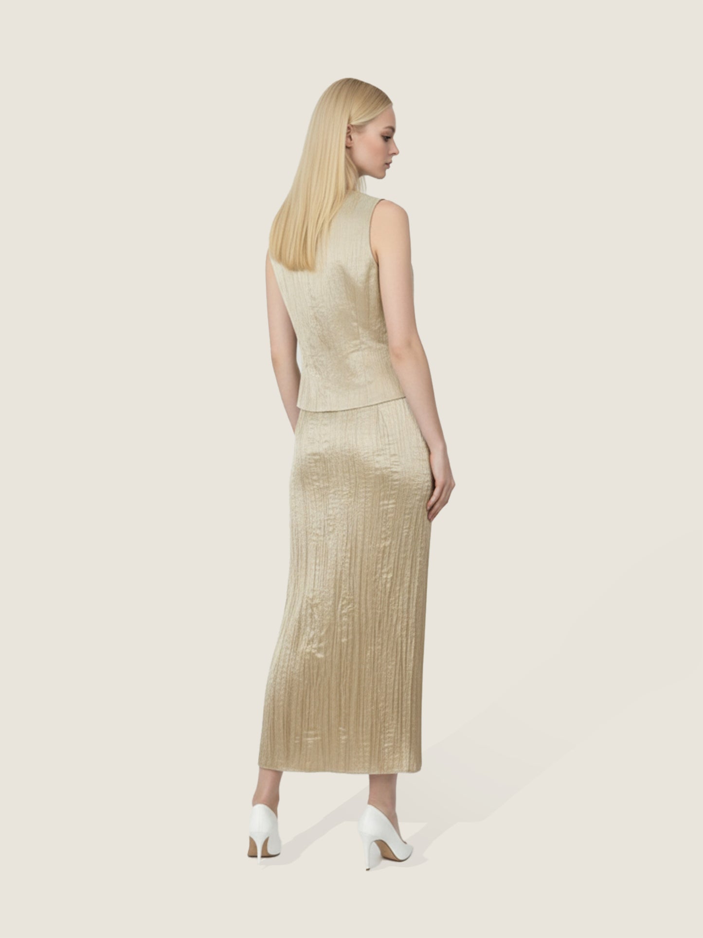 Plissé Gold Vest and Maxi Skirt Set M31N