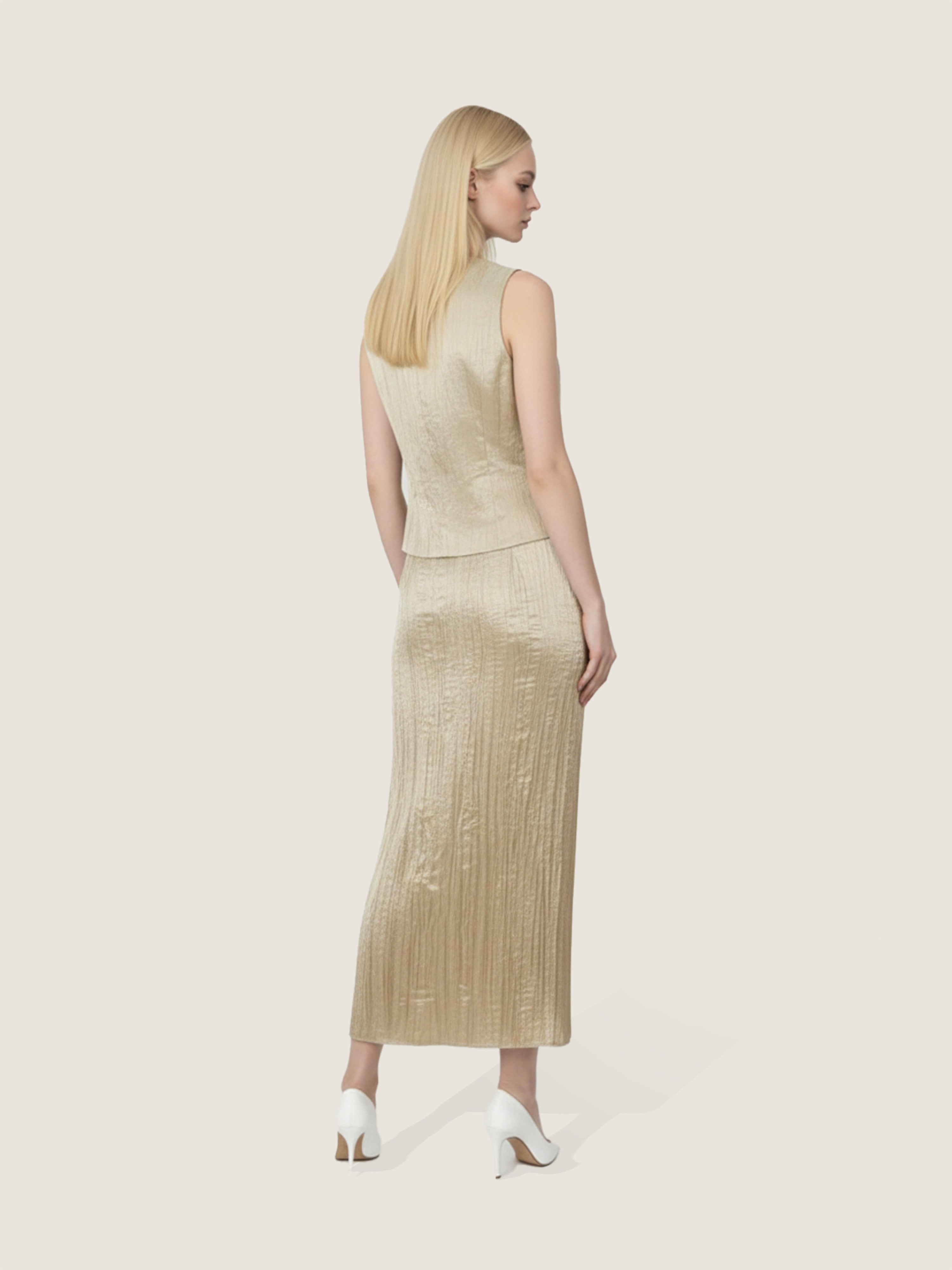 Plissé Gold Vest and Maxi Skirt Set M31N
