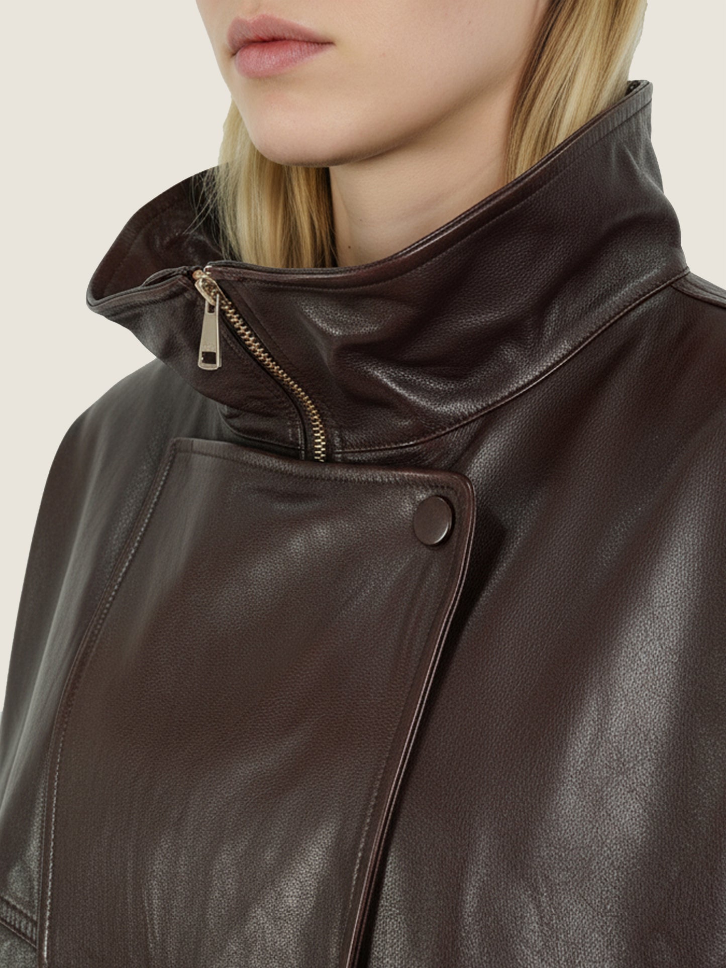 Asymmetric Zip-Collar Lambskin Jacket M31N