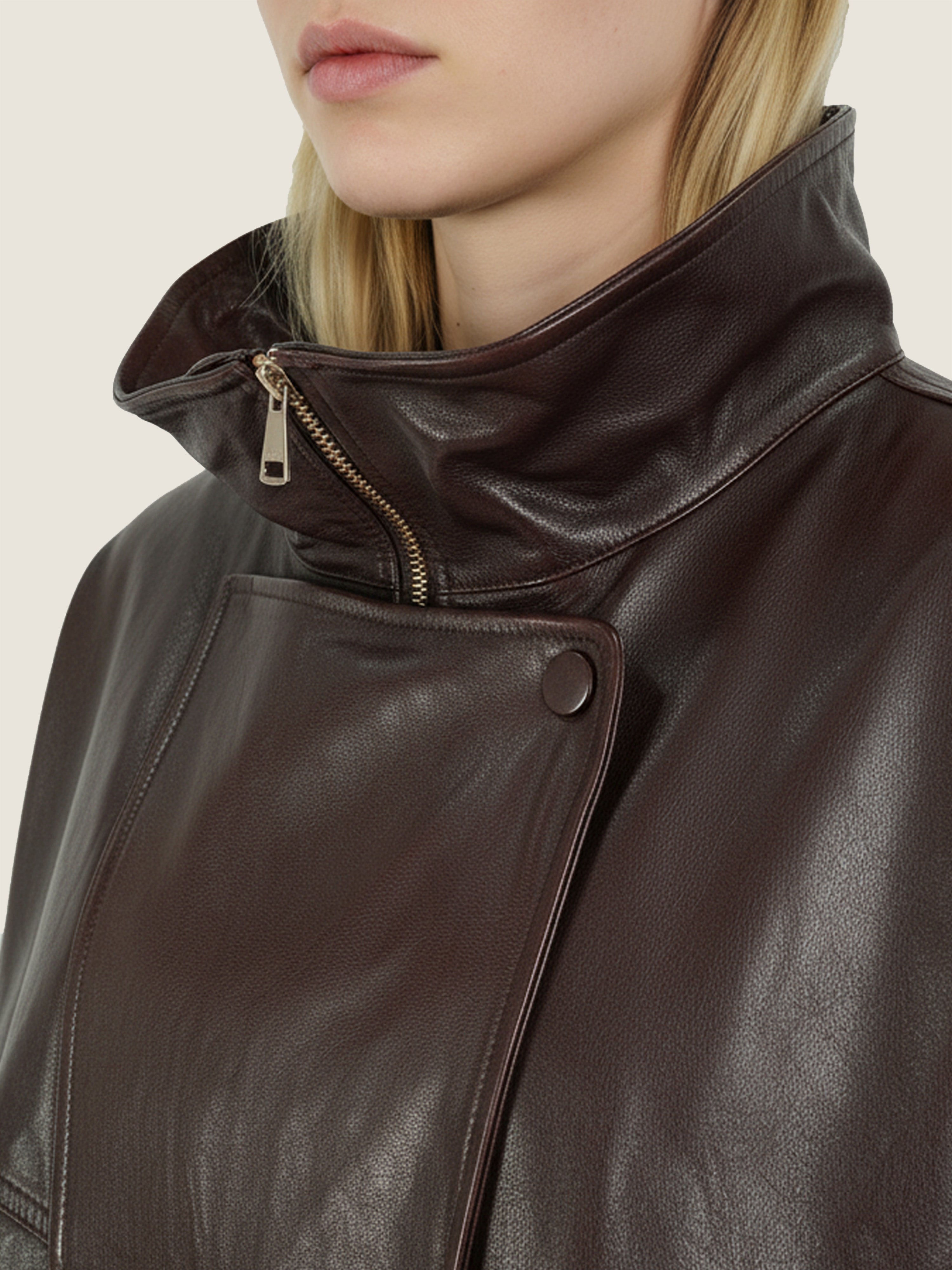 Asymmetric Zip-Collar Lambskin Jacket M31N