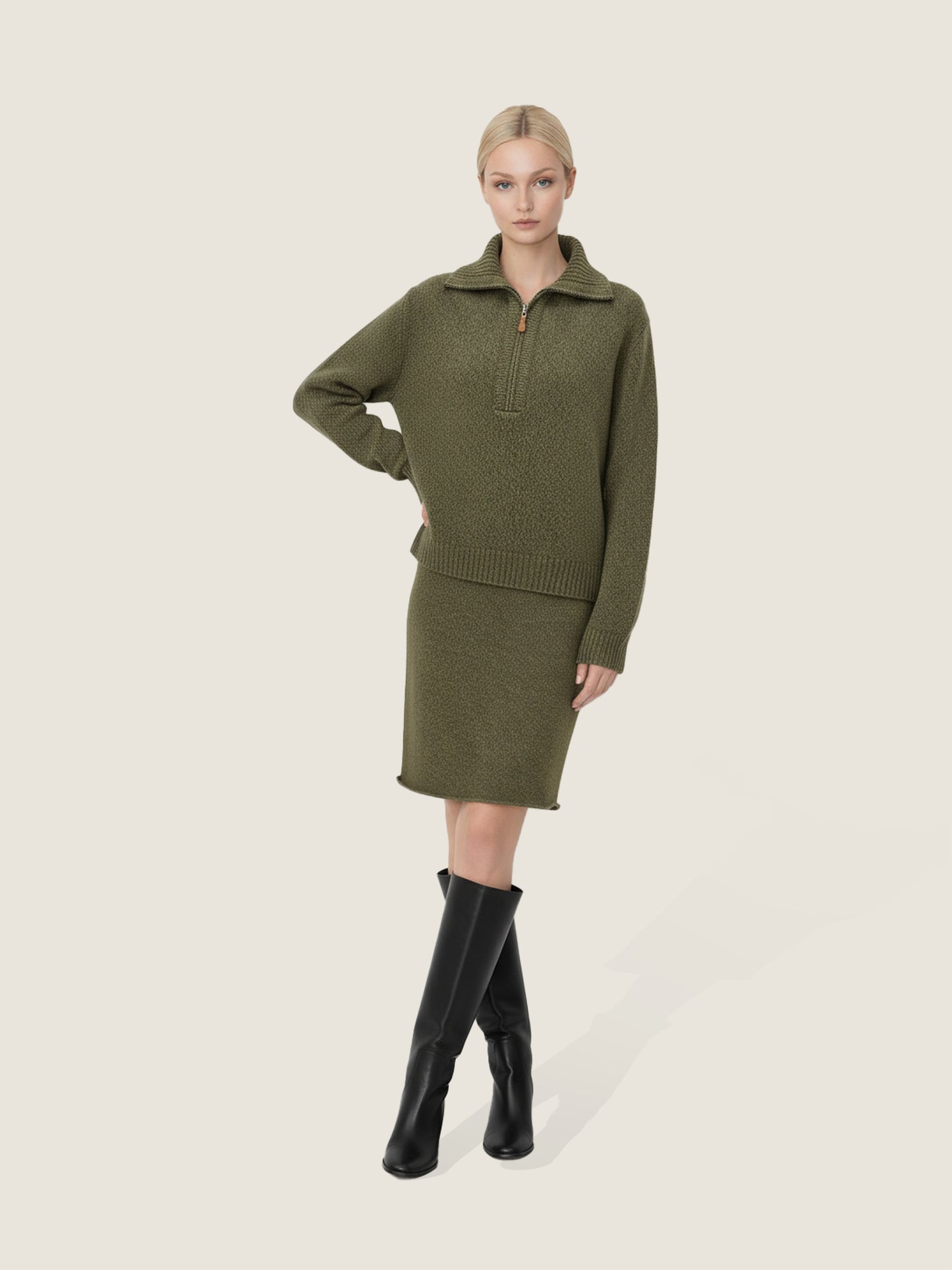 Olive Mélange Half-Zip Sweater And Skirt Set M31N