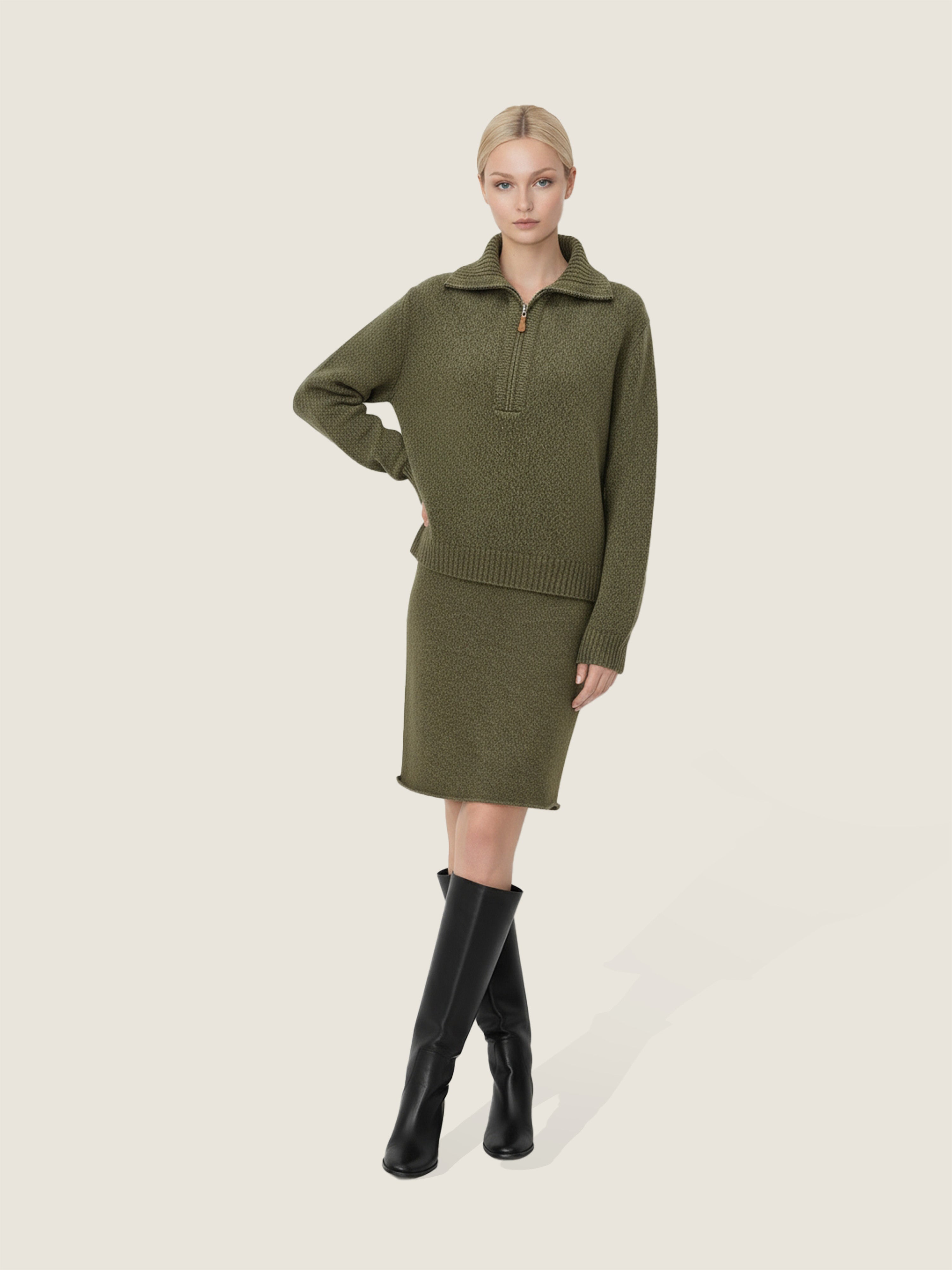 Olive Mélange Half-Zip Sweater And Skirt Set M31N