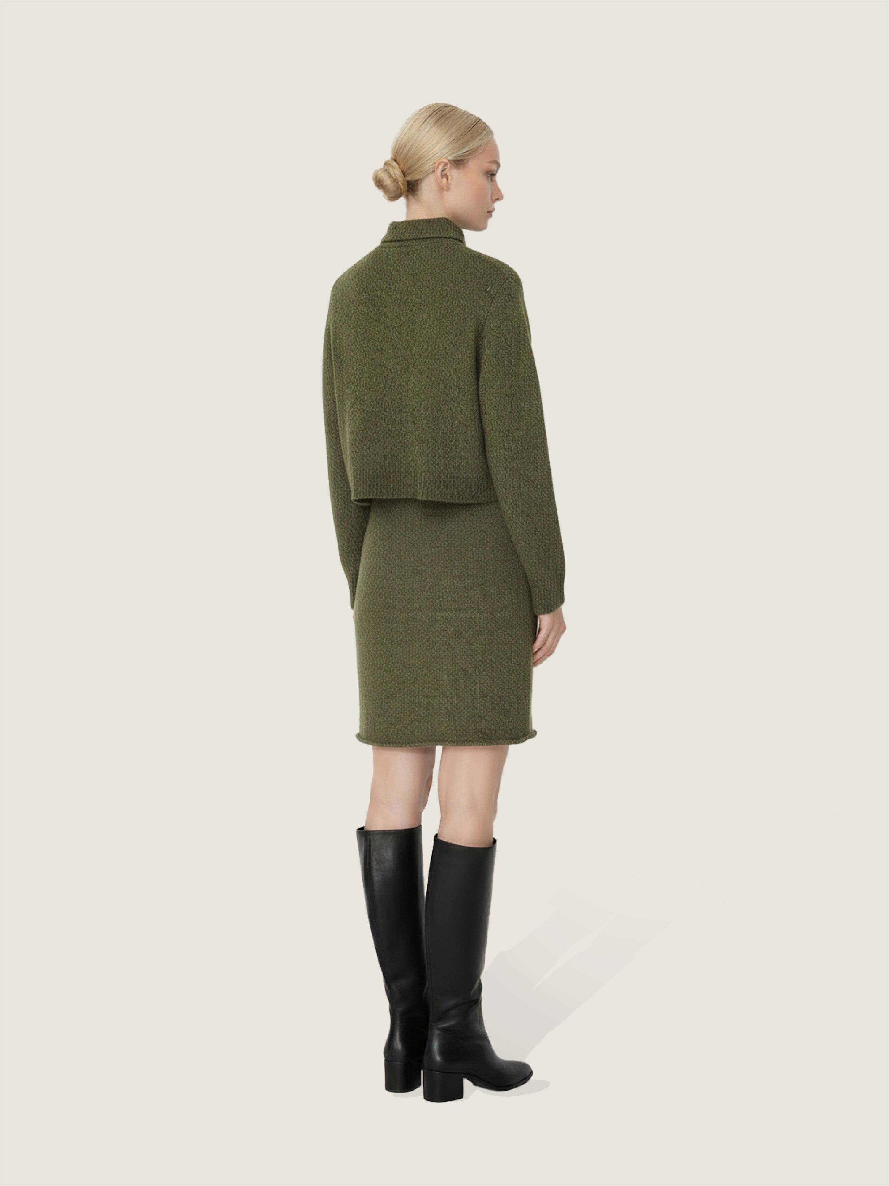 Olive Mélange Half-Zip Sweater And Skirt Set M31N
