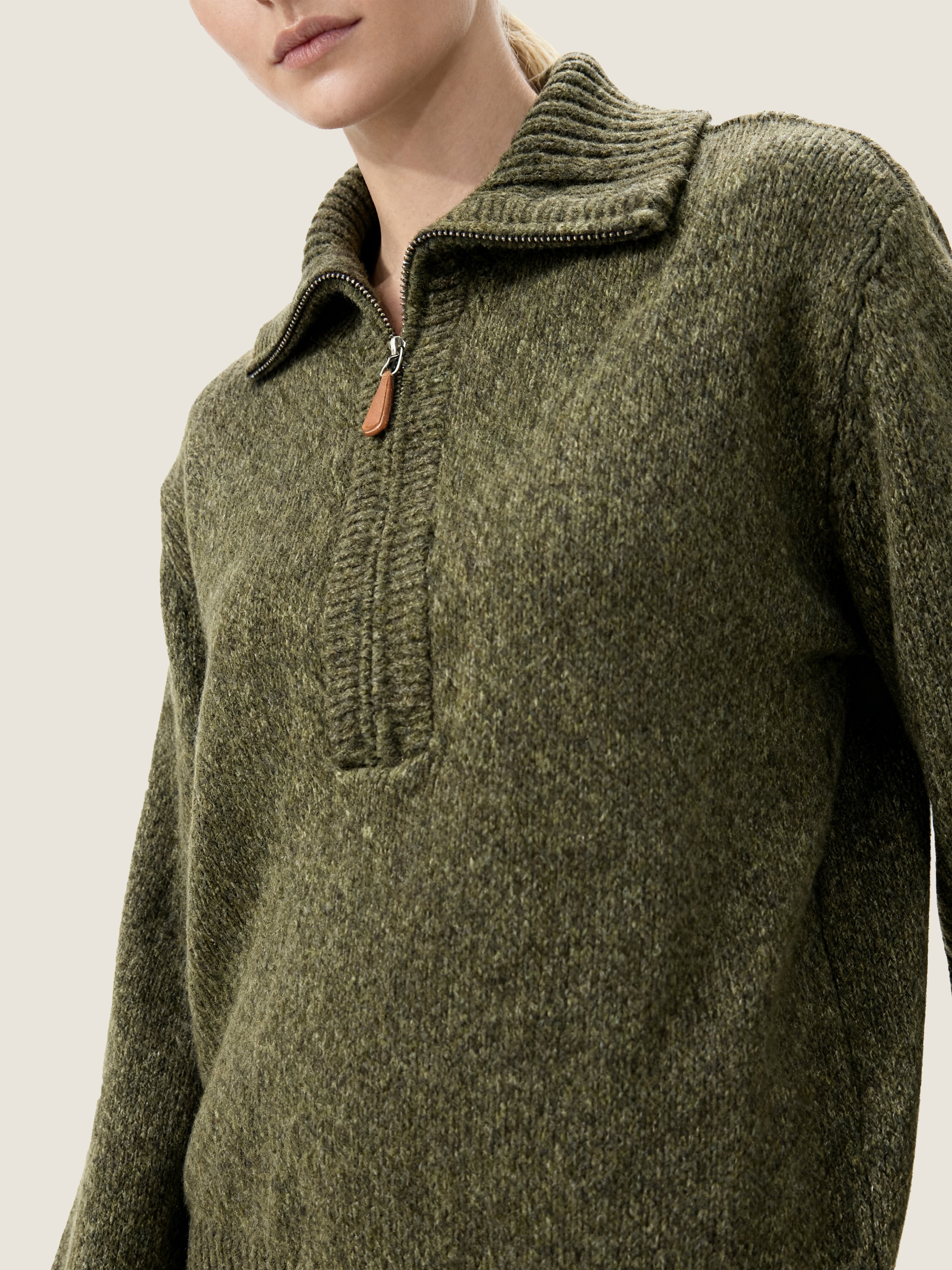 Olive Mélange Half-Zip Sweater And Skirt Set M31N