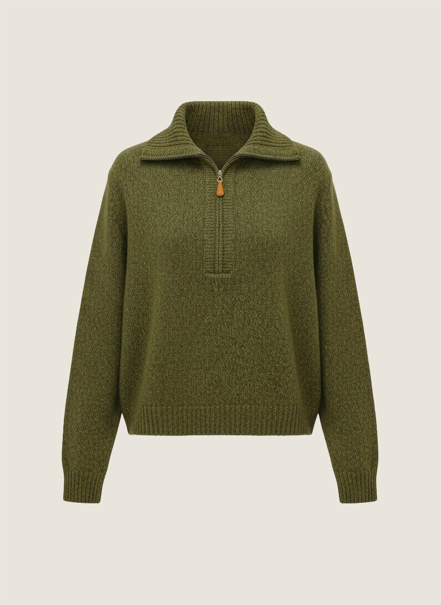 Olive Mélange Half-Zip Sweater And Skirt Set M31N