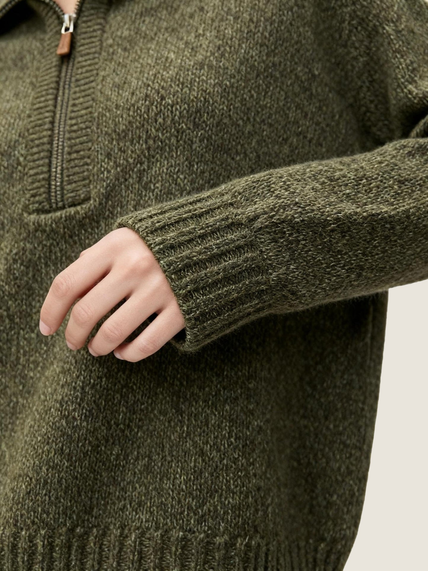 Olive Mélange Half-Zip Sweater And Skirt Set M31N