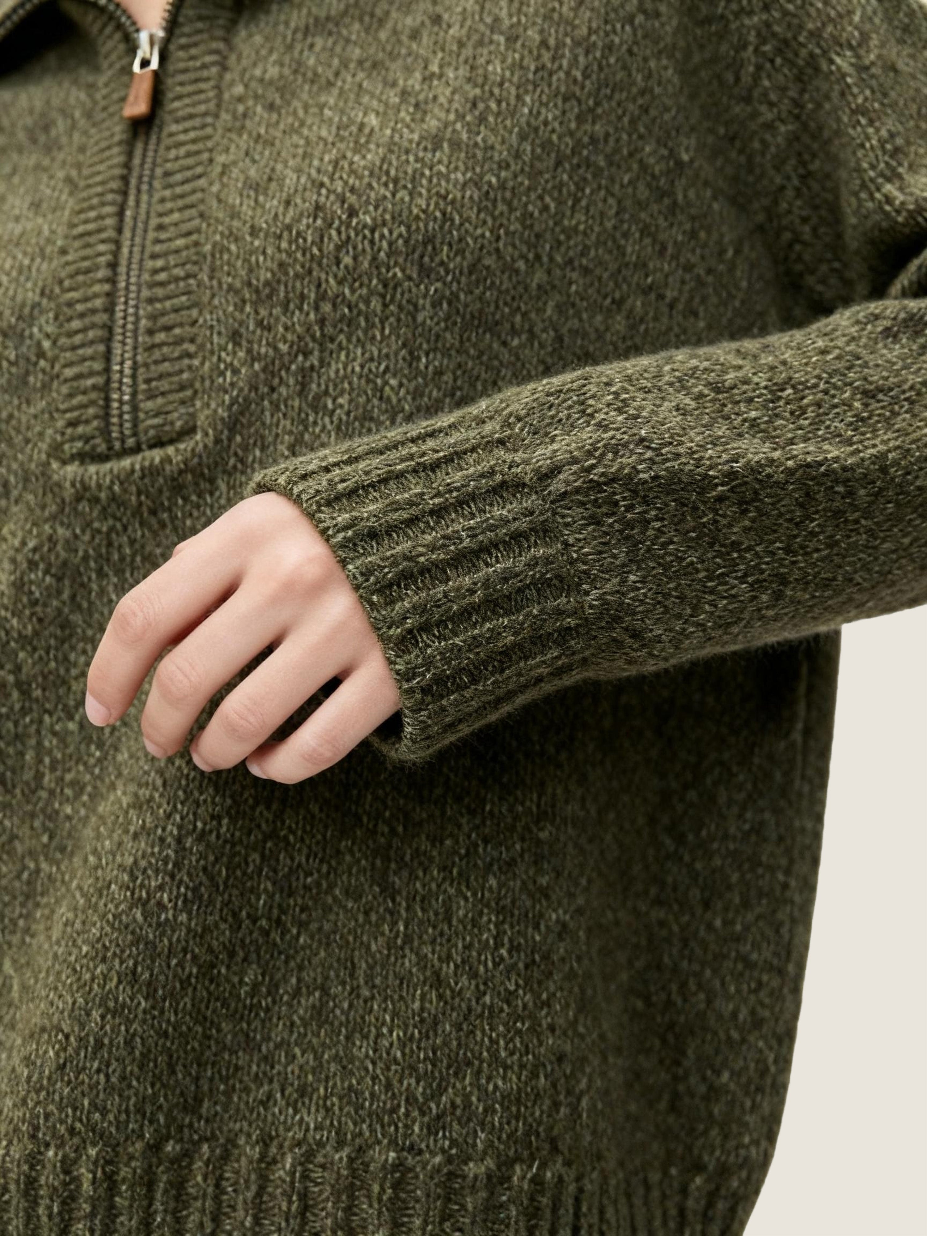 Olive Mélange Half-Zip Sweater And Skirt Set M31N