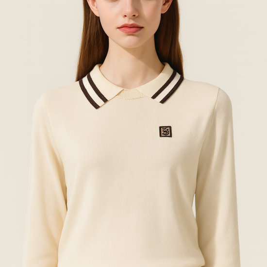 Women's Cropped Polo Sweater with Striped Collar and Cuffs-Trendy Preppy Style Knit Top A10047