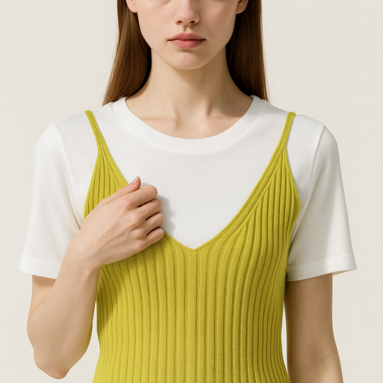 Women's Ribbed Cami Layered with White Short-Sleeve Top Trendy Casual Two-in-One Shirt A10066