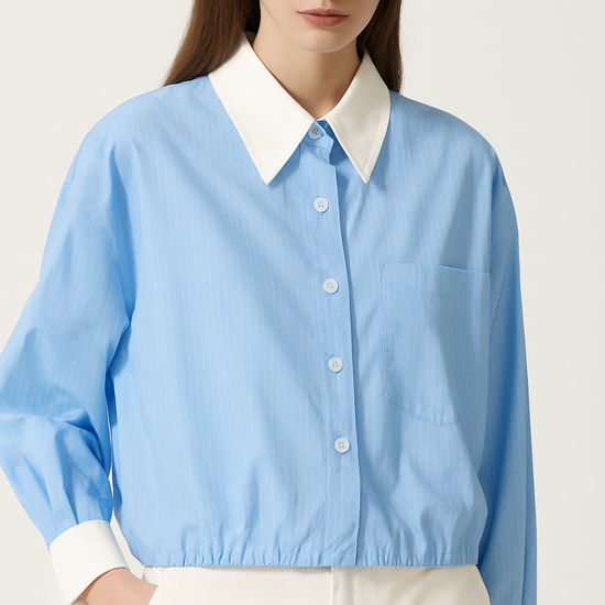 Women's Button-Down Shirt with Contrast Collar and Cuffs Trendy Long Sleeve Cropped Top A10084