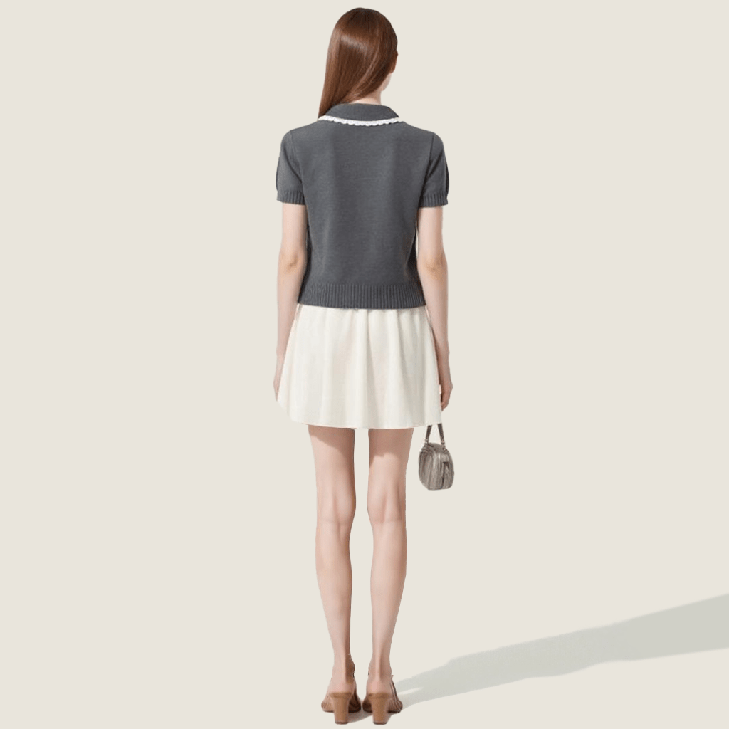 [Accessible Luxury] Womens Knitted Tee with Lace Trim Collar Short Sleeve 10018 - M31N