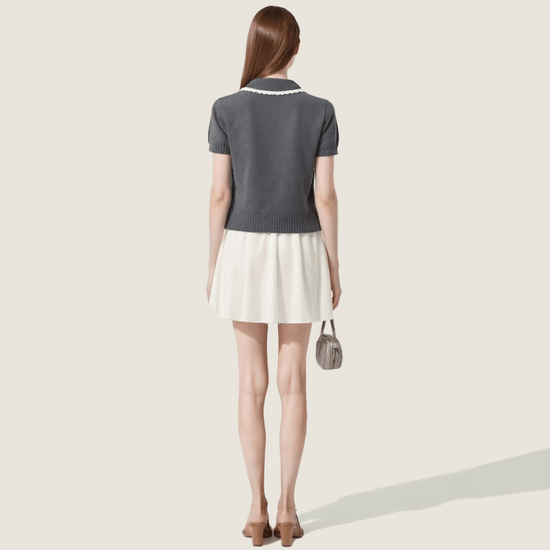 [Accessible Luxury] Womens Knitted Tee with Lace Trim Collar Short Sleeve 10018 - M31N