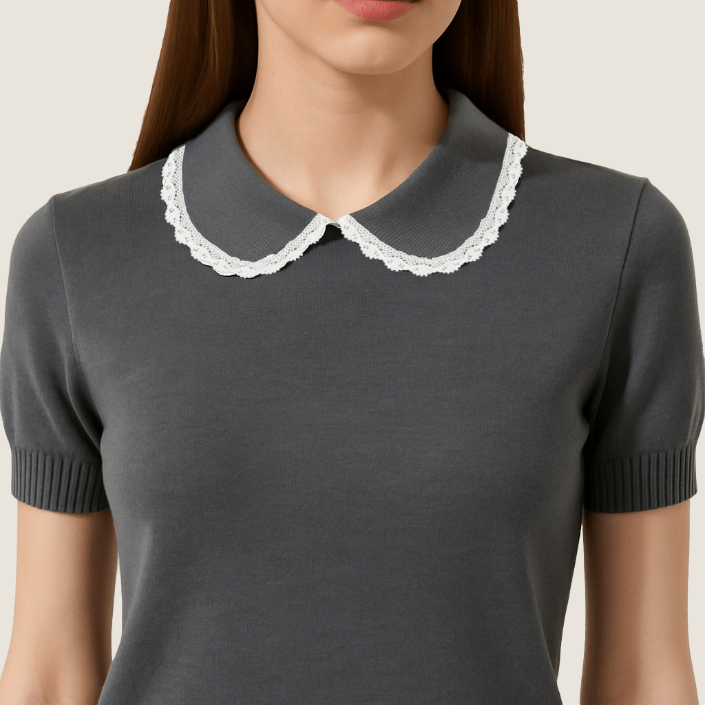[Accessible Luxury] Womens Knitted Tee with Lace Trim Collar Short Sleeve 10018 - M31N