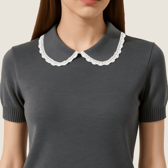 [Accessible Luxury] Womens Knitted Tee with Lace Trim Collar Short Sleeve 10018 - M31N