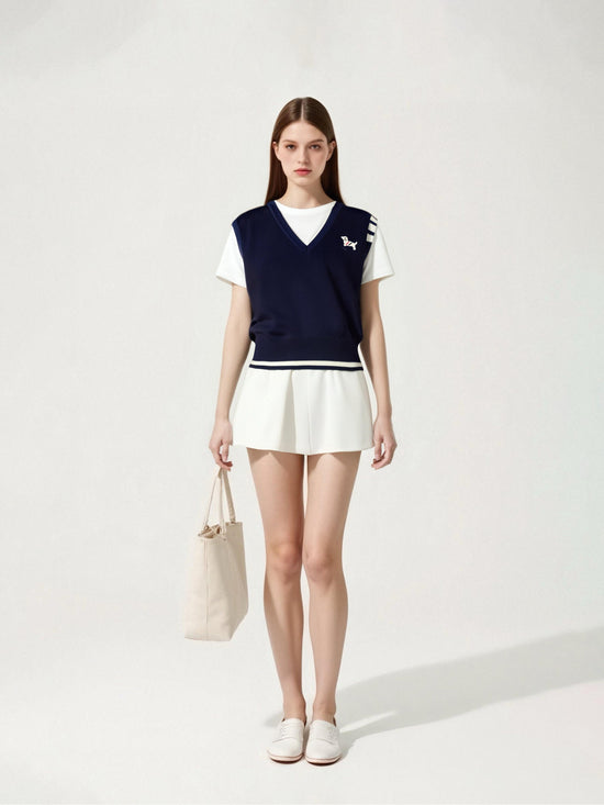 Women's V-Neck Knit Vest with Dog Embroidery-Trendy Sleeveless Preppy Style A10146