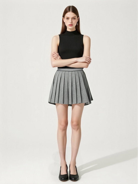 Women's High Waist A Line Knitted Pleated Skirt School Look A10034