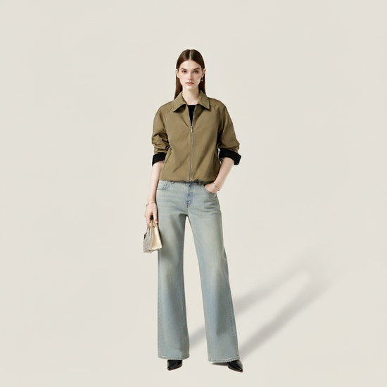 Women's Khaki Zip-Up Jacket with Contrast Cuffs and Drawstring Hem A10272