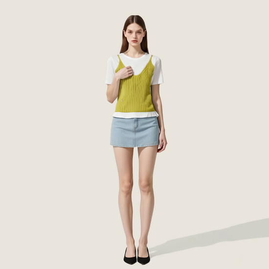 Women's Ribbed Cami Layered with White Short-Sleeve Top Trendy Casual Two-in-One Shirt A10066