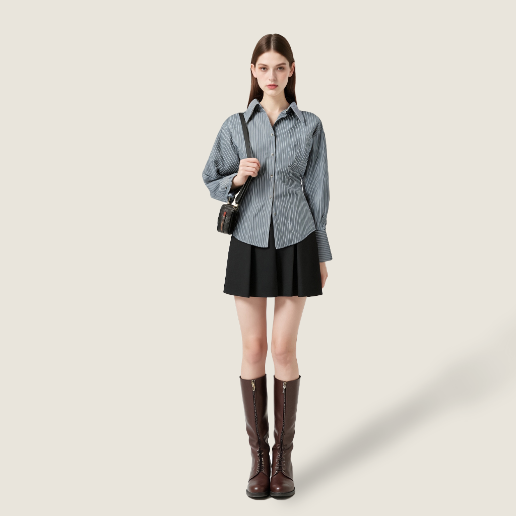 Women's Elegant Striped Button-Down Shirt Trendy Long Sleeve Collared Top A10042