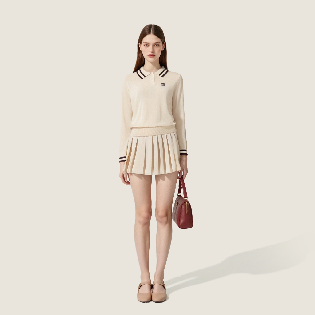 Women's Cropped Polo Sweater with Striped Collar and Cuffs-Trendy Preppy Style Knit Top A10047