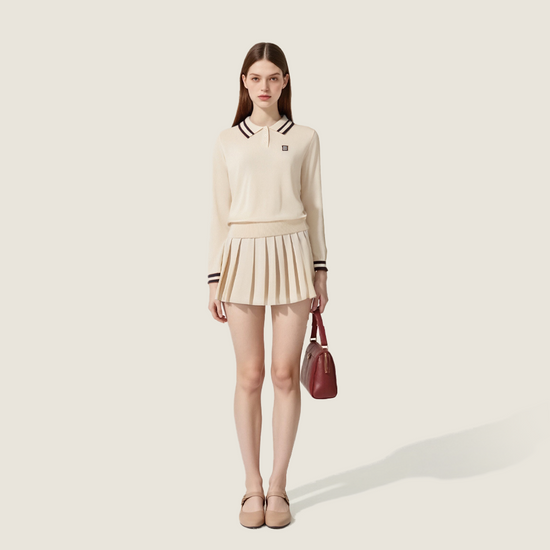 Women's Cropped Polo Sweater with Striped Collar and Cuffs-Trendy Preppy Style Knit Top A10047