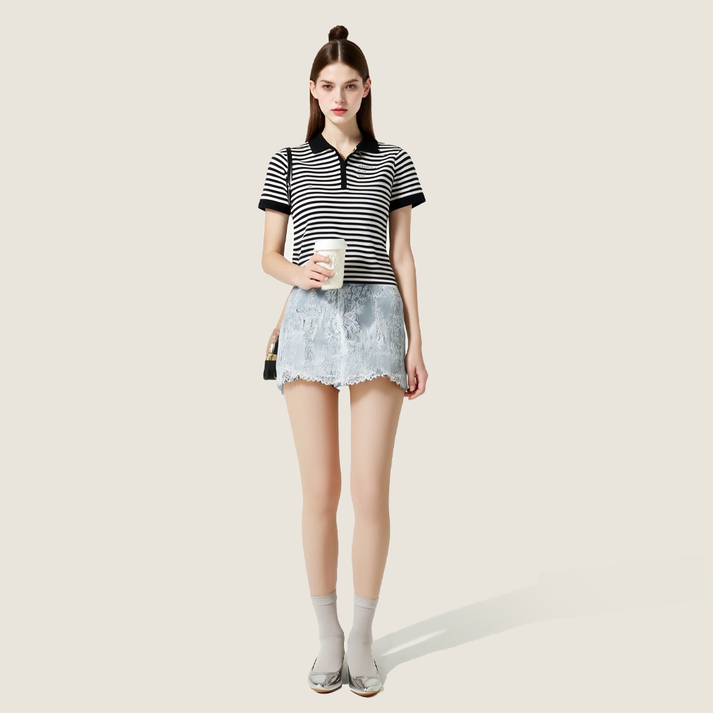 Women's Embroidered Lace Trim A-Line Denim Mini Skirt High Waist Jean Skirt A10110