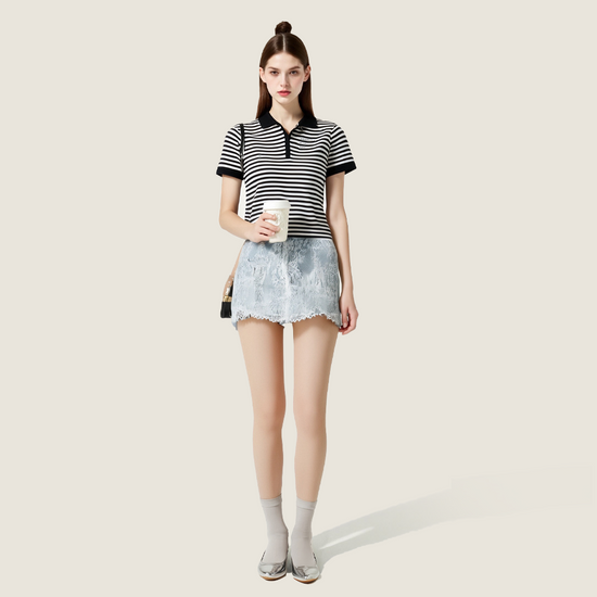 Women's Embroidered Lace Trim A-Line Denim Mini Skirt High Waist Jean Skirt A10110