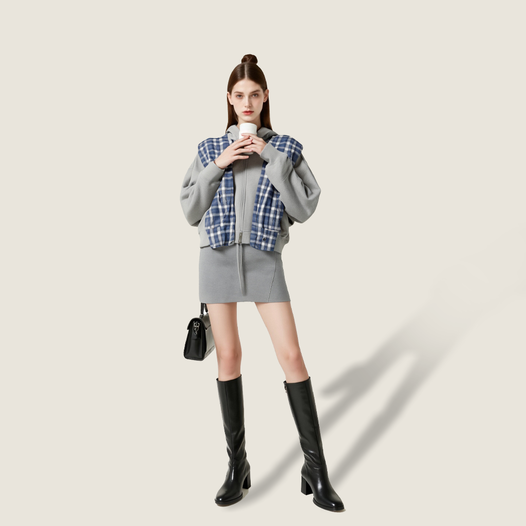 Women's Grey Zip-Up Hoodie with Blue Plaid Panel Trendy Casual Long Sleeve Jacket A10005