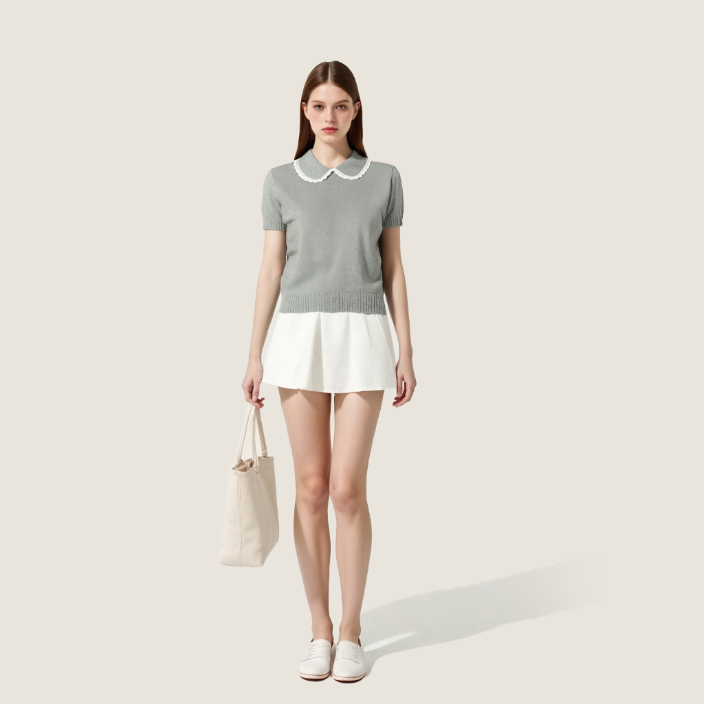 Knit Lace-Collar Top A10017