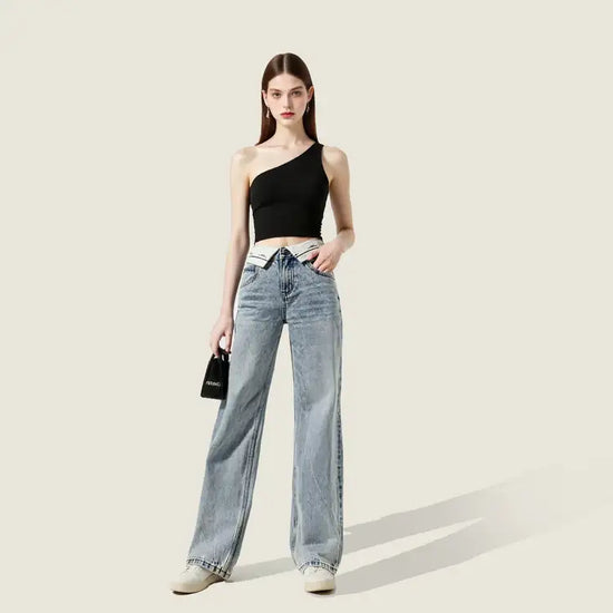 Women's Light Wash Denim Pants with Soft White Elastic Trim A10014